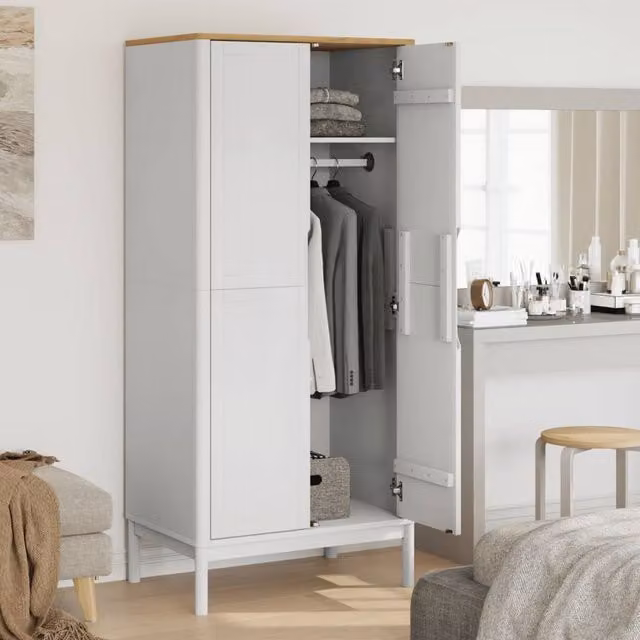 Berkfield Home Floro White Wardrobe in Solid Pine and MDF, W/D/H: 77 x 53 x 171 cm – 1