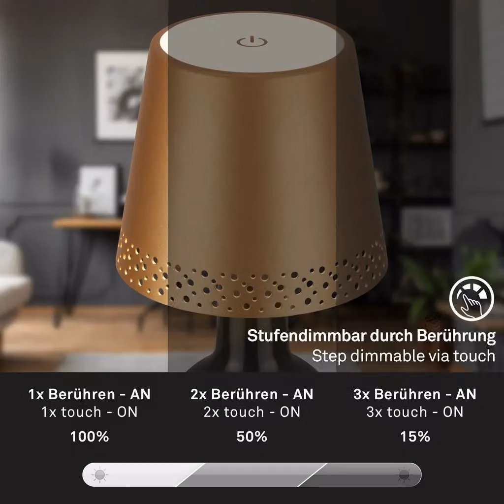 Briloner Rechargeable LED Cordless Table Lamp in Gold, Dimmable Touch Control, Warm White, IP44, W/D/H: 11 x 9 x 11 cm – 4
