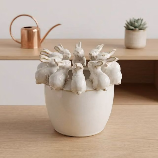 Garden Greatness Springtime Bunny Decorative Ceramic Planter in Multicolour and White, H 18.0 cm x W 15.0 cm x D 10.0 cm