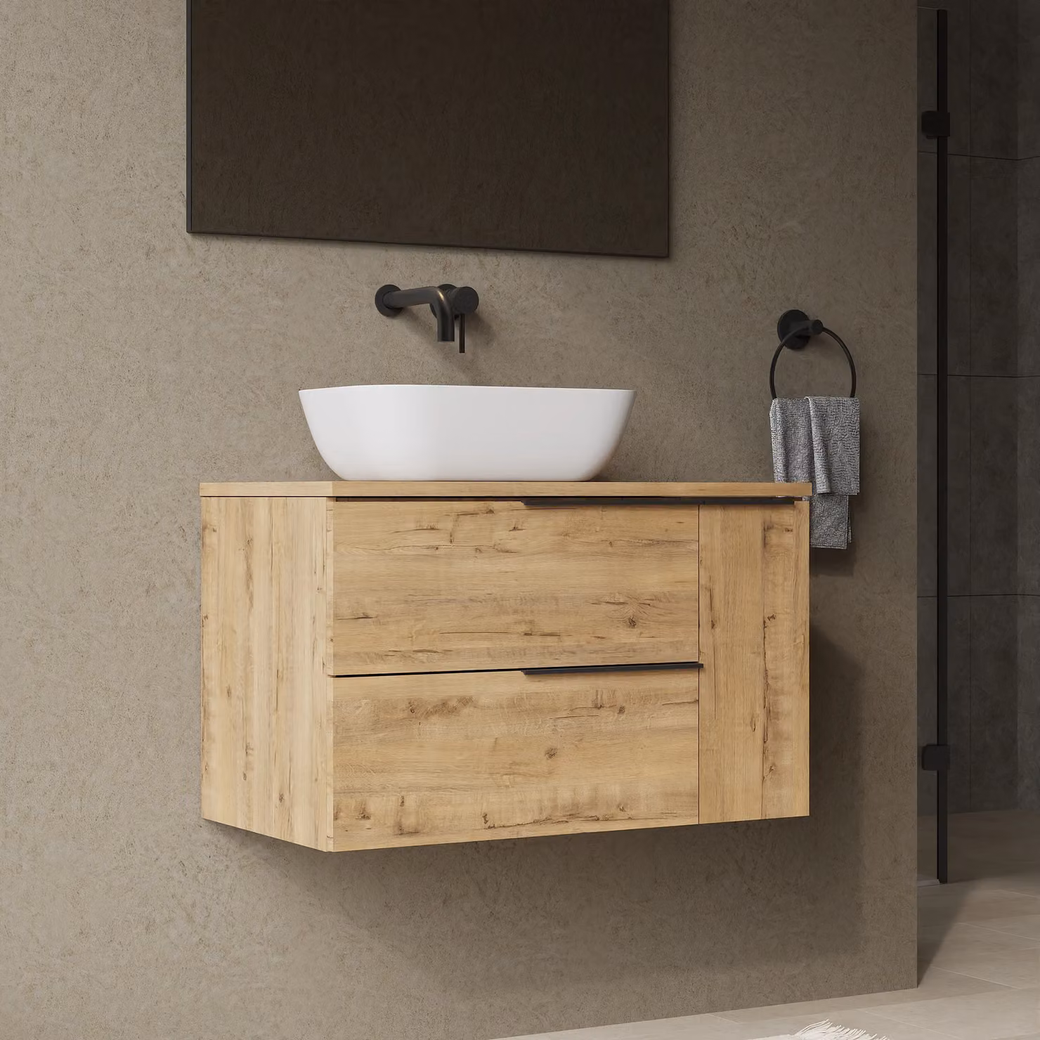 Banyetti Celtic Duo 800mm Wall Hung Vanity Unit with Door and Worktop in Ostippo Light Oak – 3