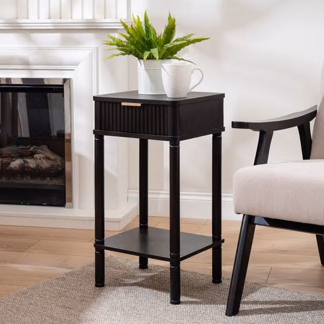 Scottish Everlastings Ltd Black Matt Modern Square Side Table with Ribbed Drawer, W/D/H: 30.0 x 35.5 x 66.0 cm