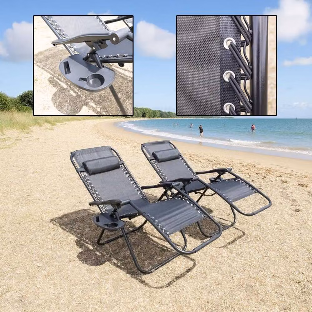 Shatchi Heavy Duty Gravity Reclining Outdoor Garden Chair in Black with Textilene Fabric and Powder Coated Steel Frame – 3