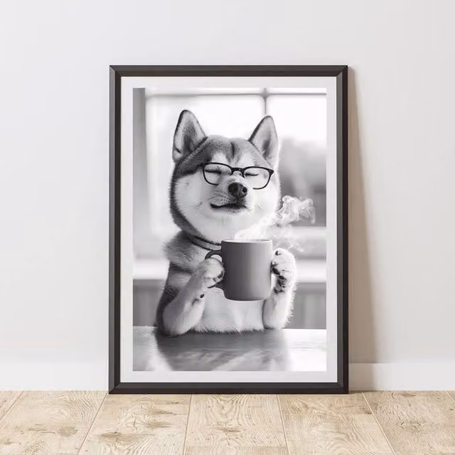 60 SECOND MAKEOVER Funny Shiba Inu Drinking Coffee Multicolour Paper Poster, A3