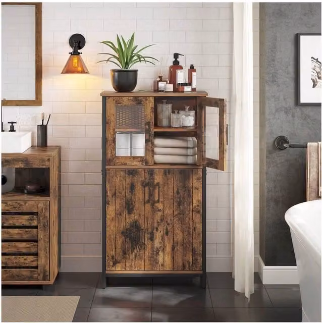 VASAGLE Industrial Storage Cabinet with Glass Doors in Bronze and Brown