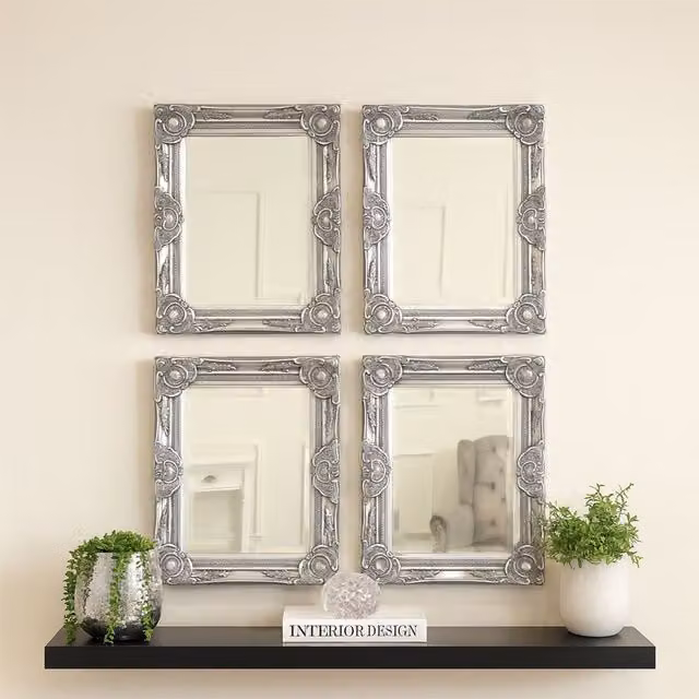 Melody Maison Set of 4 Ornate Vintage Square Silver Wall Mirrors with Bevelled Glass