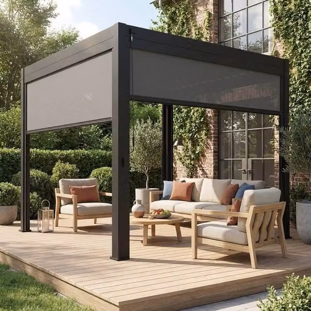 Sweekeet V2 Aluminium Louvered Pergola with 2 Blinds, Dark Grey, W: 3 m, D: 3 m, H: 2.5 m