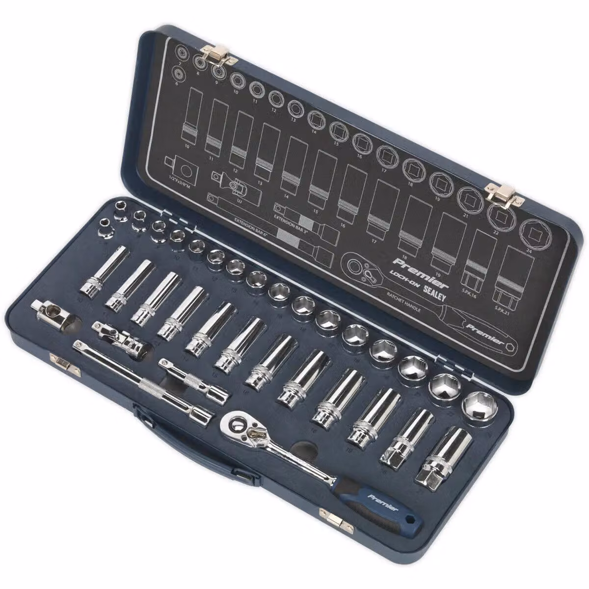 Loops 34 Piece 3/8 Inch Metric Socket Set with 6 Point Lock-On Rounded Heads in Silver and Multicolour Chrome Vanadium Steel – 4