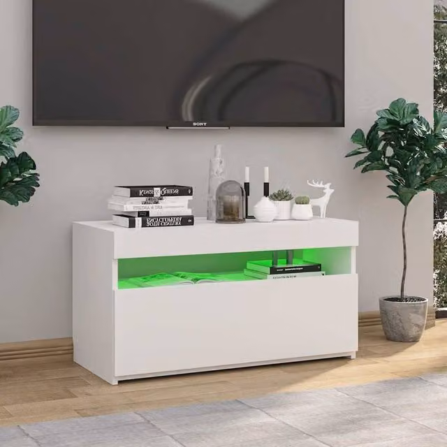 Berkfield Home Modern TV Cabinet with LED Lights in White, W/D/H: 75 x 35 x 40 cm