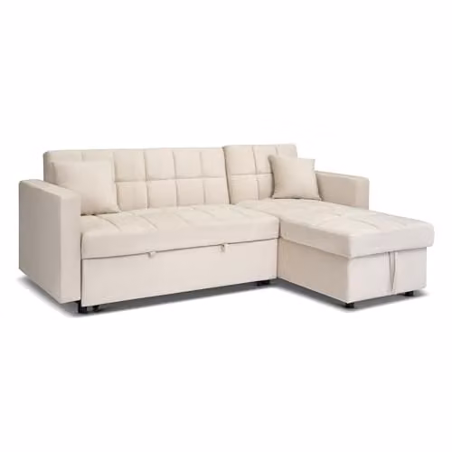 Bravich Milo 3 Seater Velvet Corner Sofa Bed with Storage in Cream, L-Shaped Reversible Pull Out Guest Bed – 1