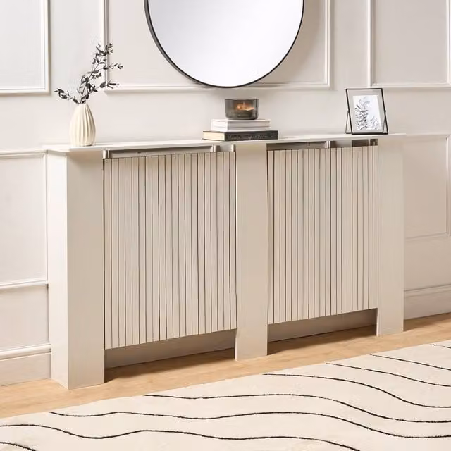 OHS Ribbed Large Radiator Cover in White Matt Slatted Engineered Wood W/D/H: 150 x 19 x 82 cm