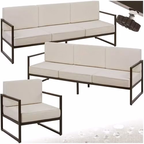 tectake Minimalist Garden Furniture Set with Two 3-Seater Outdoor Sofas and One Lounge Armchair, Featuring Powder-Coated Steel Frames and Upholstered Foam Cushions with Removable Covers