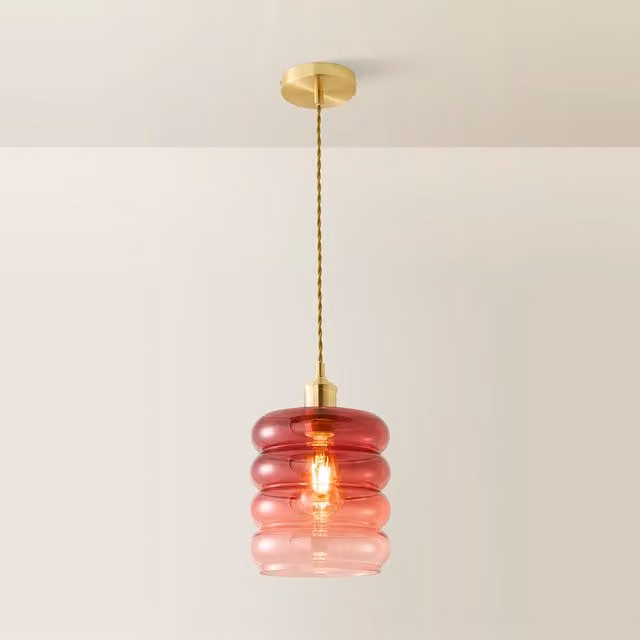 ValueLights Giselle Ombre Berry Glass Ceiling Pendant Light in Pink and Gold/Brass with Bulb – 1