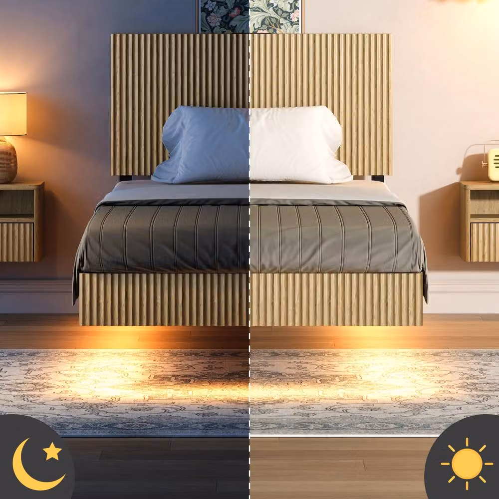 Matteo Modern Floating Single Bed with LED Under-Bed Lighting and Fluted Headboard in Natural Sand/Beige, W/D/H: 90 x 200 cm – 4