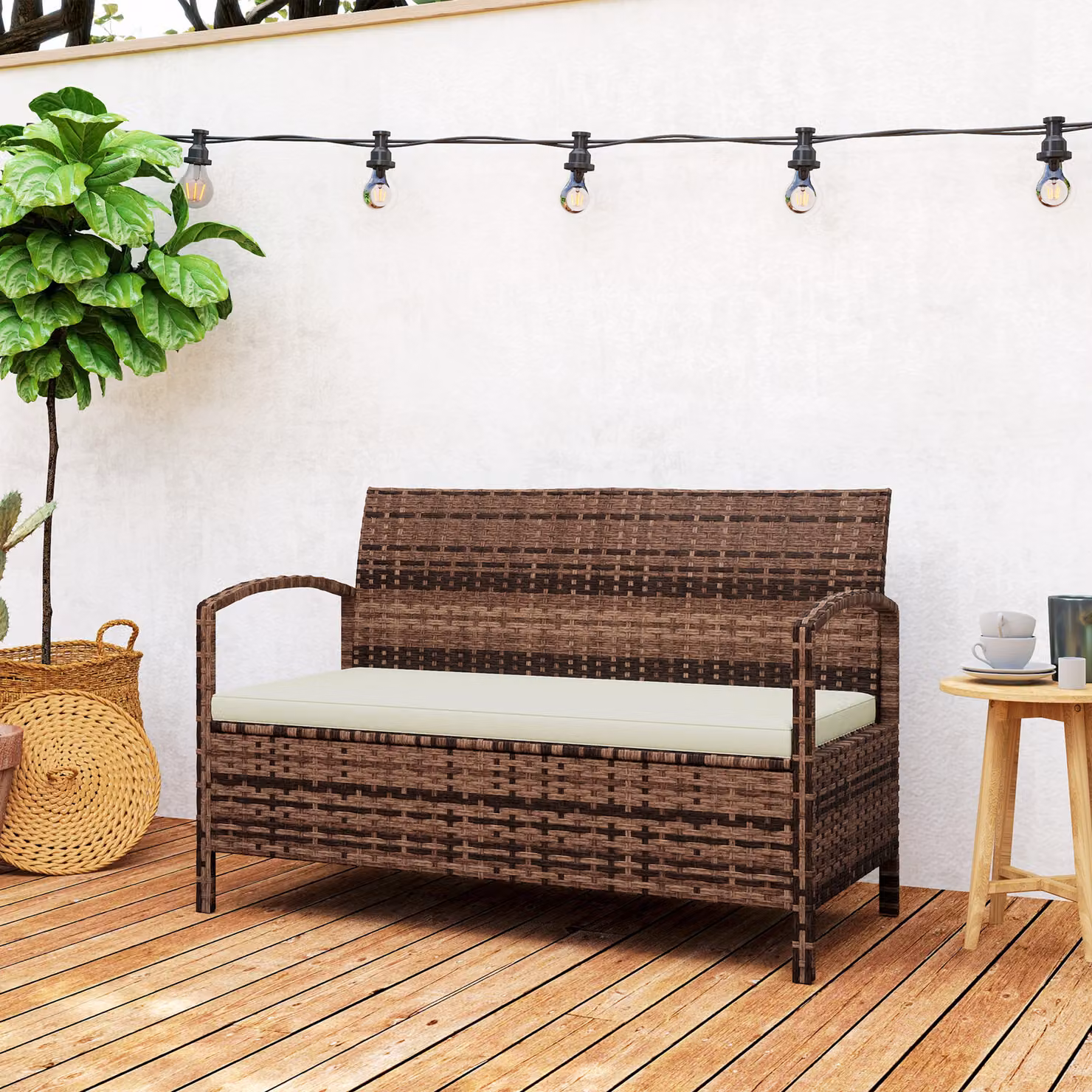 Outsunny 125L Garden Storage Bench with Cushions in Brown – 9