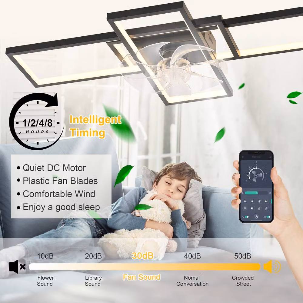 NIVOR Dimmable LED Ceiling Fan with 3 Lights, 6-Speed Flush Mount with Remote Control, Black – 2