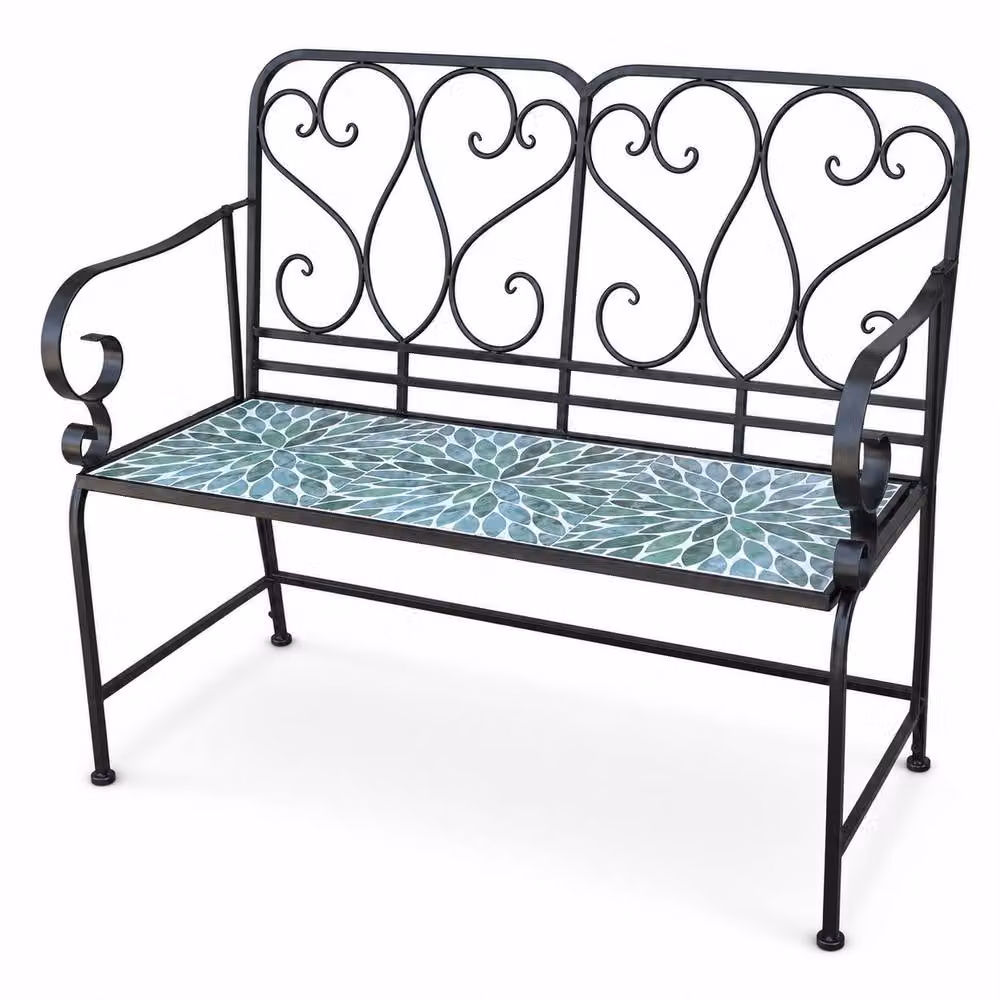 SHATCHI Leaf Mosaic 2 Seater Garden Bench with Metal and Ceramic Tile Seat in Multicolour Green – 2