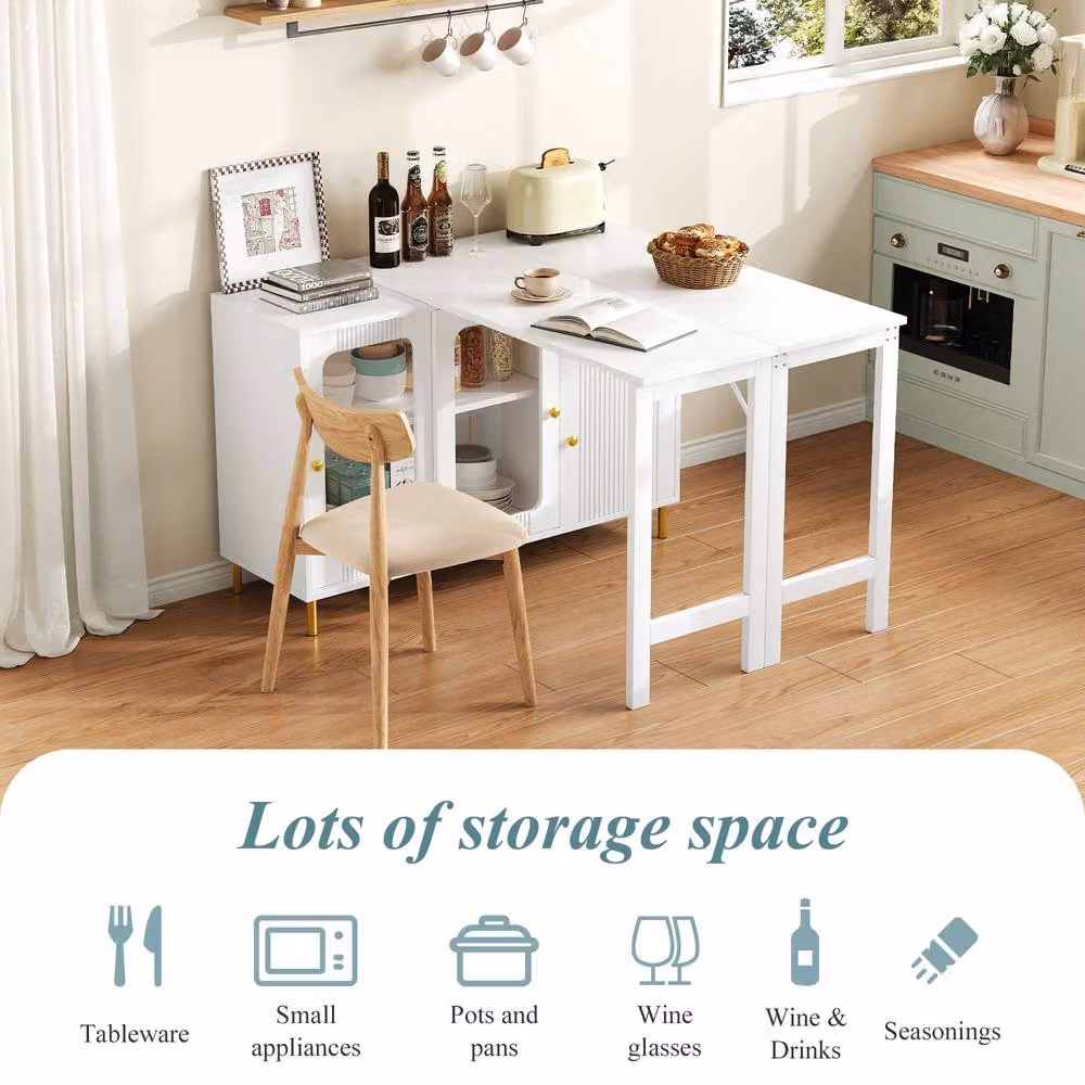 Matteo Modern Multifunctional Extendable Bar and Dining Cabinet in White and Gold, W: 122.0 cm, H: 80.0 cm – 2
