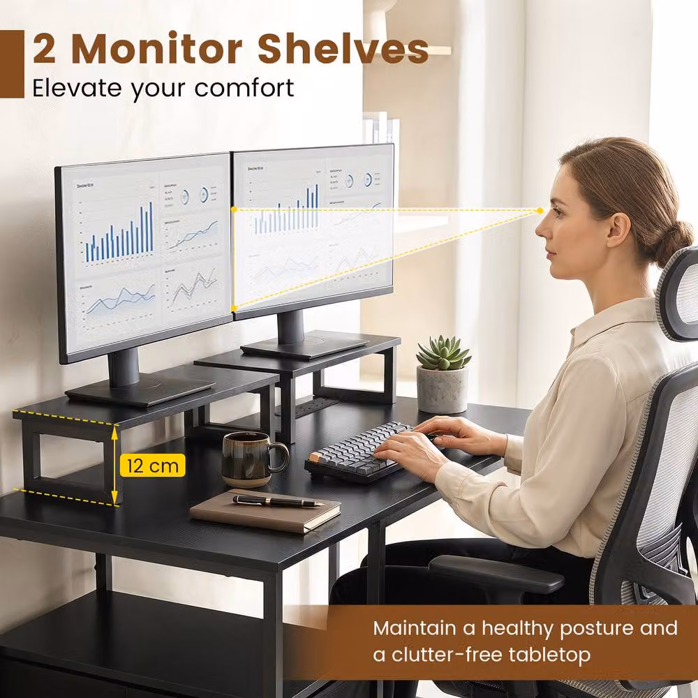 Costway Modern Black Computer Desk with Power Outlets and 2 Monitor Shelves – 7