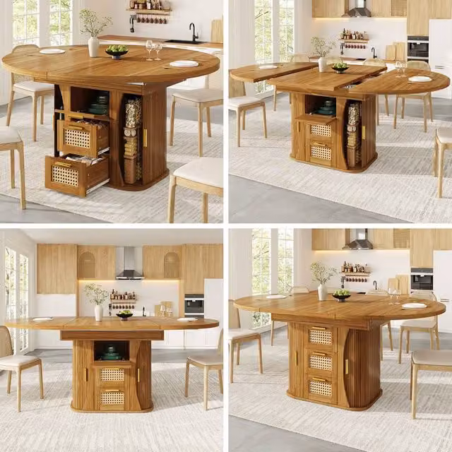 Matteo Extendable Dining Table in Brown Wood Effect with Rattan Drawers