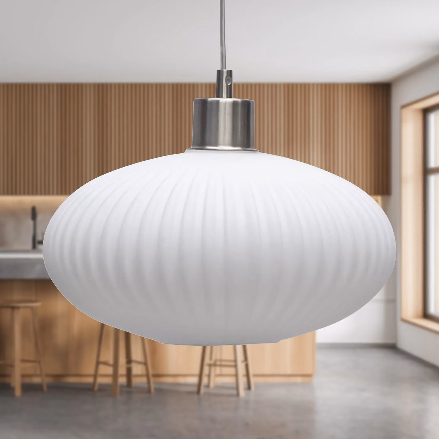 First Choice Lighting Set of 2 Baton Suspended Pendant Lights with White Ribbed Oval Glass and Silver Satin Nickel Finish – 2