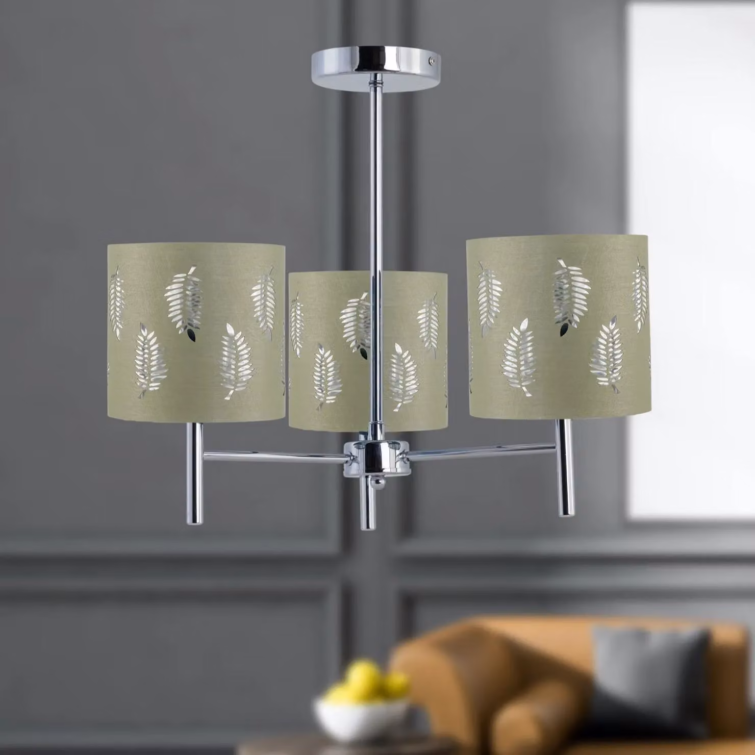 First Choice Lighting Brea Set of 2 Chrome 3-Light Ceiling Fittings with Sage Green Fabric Shades – 3