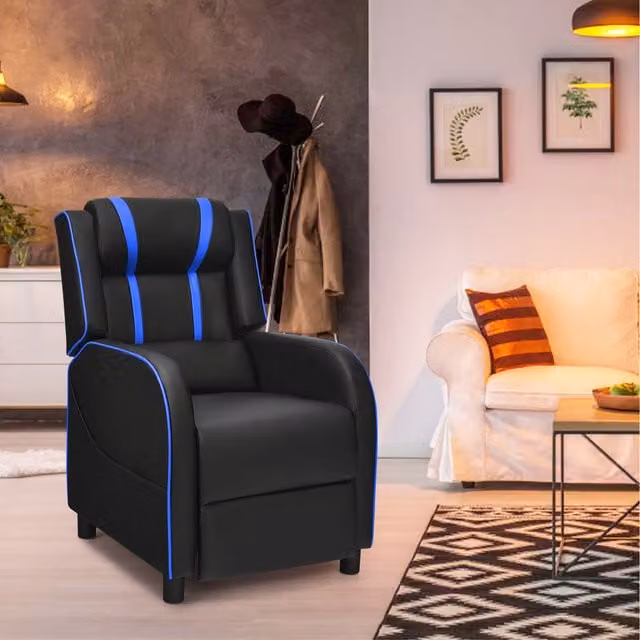 Costway Racing Style Gaming Recliner Armchair in Blue and Black with Synthetic Leather and Headrest