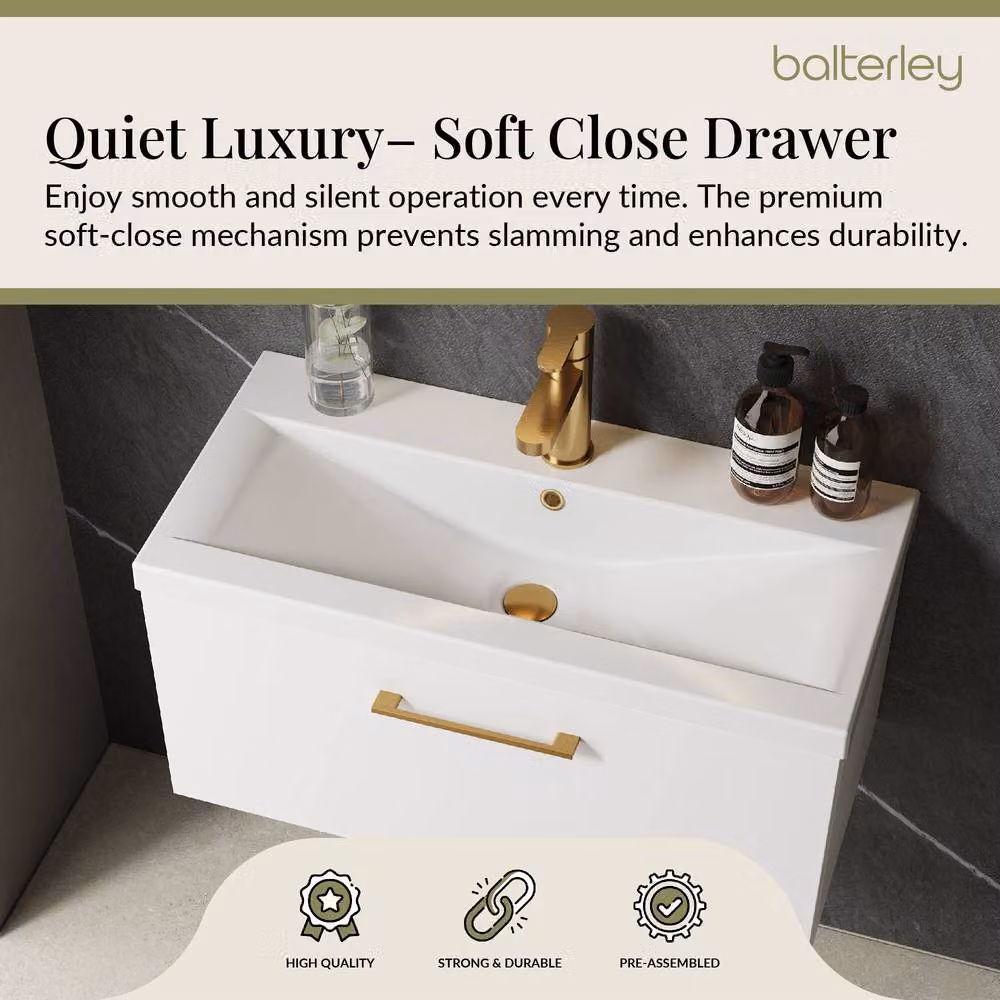 Balterley Gloss White Wall Hung 1 Drawer Vanity Basin Unit with Brass Handle – 3