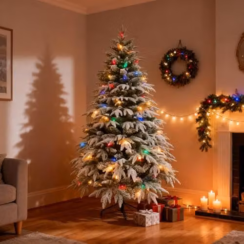 SHATCHI Lapland Fir Pre-Lit Artificial Christmas Tree with 140 Multicolour LED Lights, Snow Flocked Green Design and Metal Stand, Height: 120 cm – 2