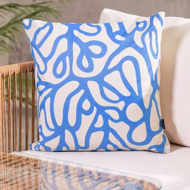 icon Kyoto Fabric Square Cushion in Squiggle Leaf Blue, W/D/H: 43 x 43 x 43 cm
