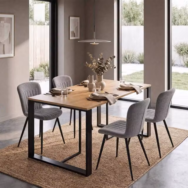 FWStyle Willow Oak Dining Table and 4 Grey Dining Chairs Set, W: 140 cm, D: 80 cm, H: 75 cm