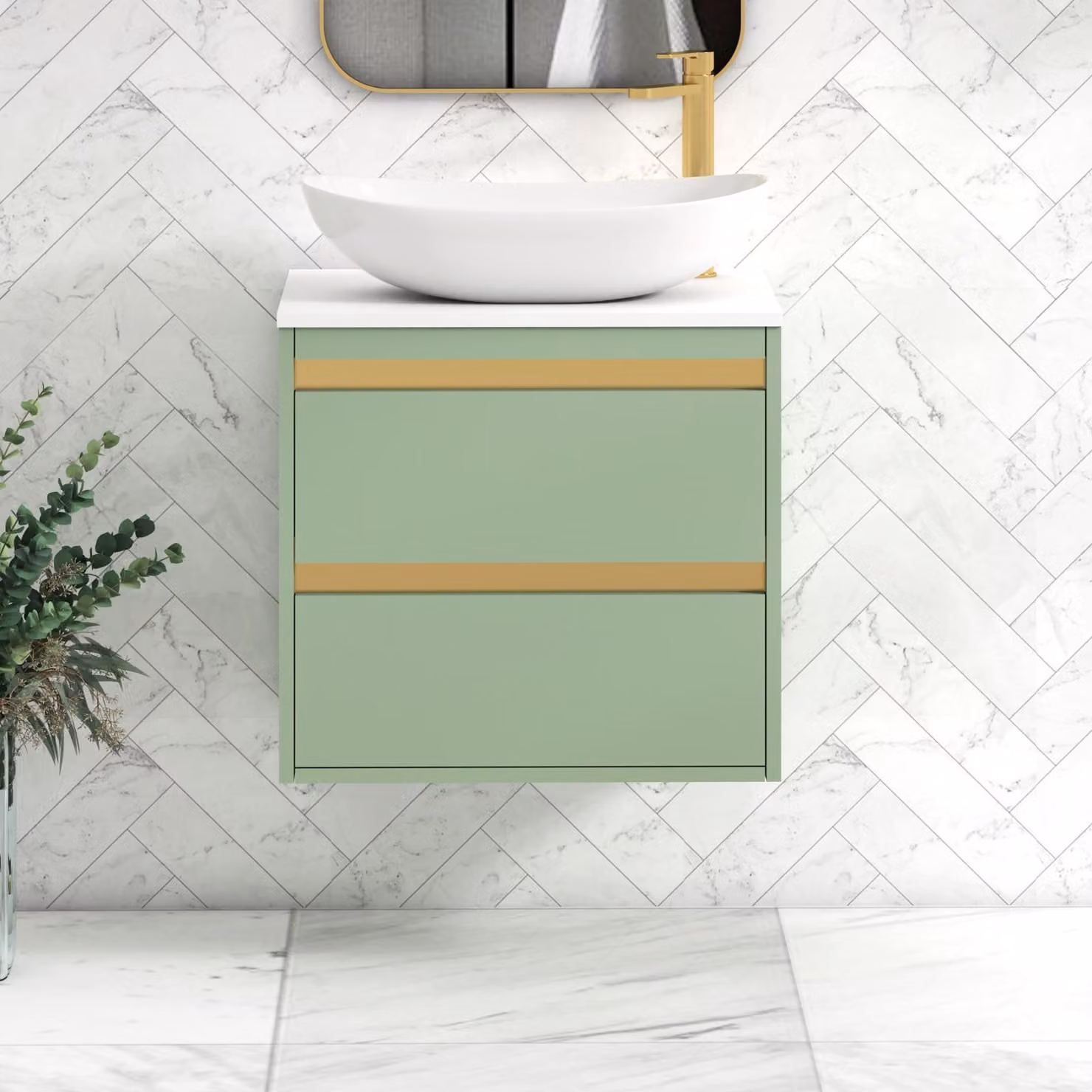Royal Bathrooms Orion 600mm Wall Hung Vanity Unit in Mint Sage with White Cesar Basin and Brushed Brass Accents