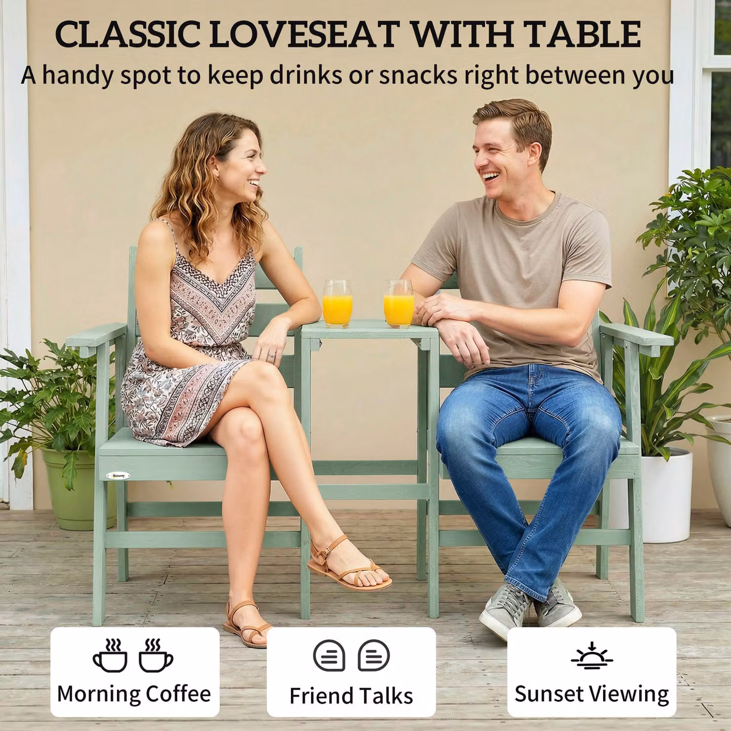 Outsunny Green Embossed Wooden Jack and Jill Outdoor Garden Loveseat with Integrated Table – 3