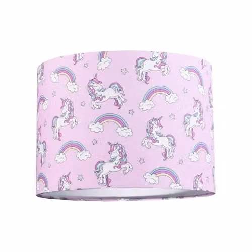 Happy Homewares Modern Lilac Cotton Cylinder Lampshade with Unicorns, Clouds and Rainbows, W/D/H: 25 x 25 x 18 cm