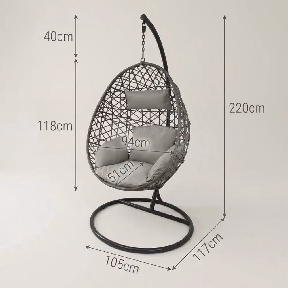 Alivio Grey Rattan Hanging Egg Chair with Cushions and Powder Coated Steel Stand – 7