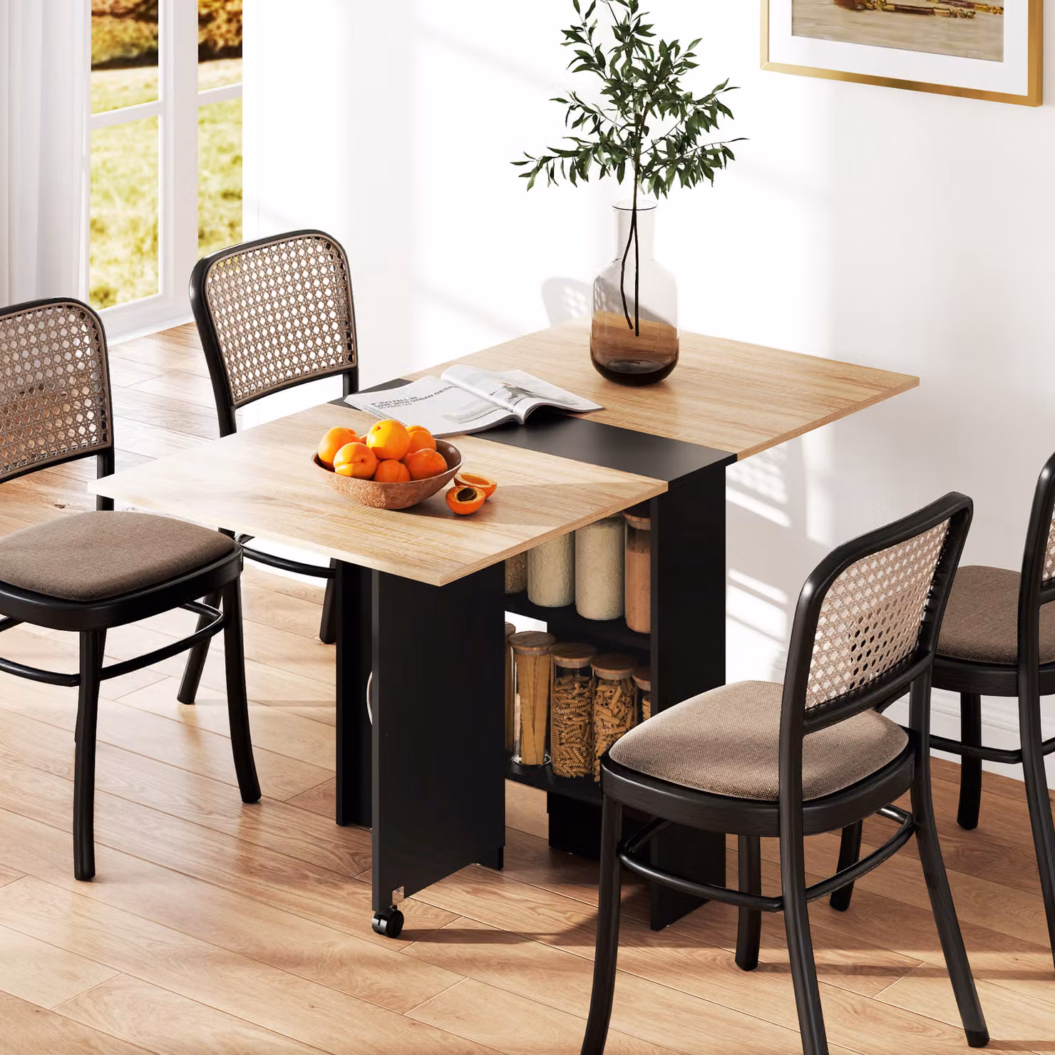 HOMCOM Folding Dining Table with Drop Leaf, 2 Tier Shelves and Rolling Casters in Brown Oak – 2