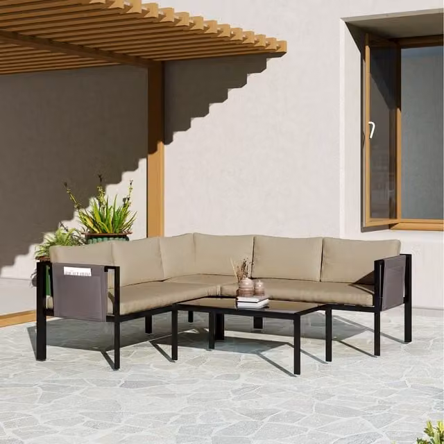 Outsunny 4 Piece Modern Garden Furniture Set in Beige and Brown with Steel and Glass Details