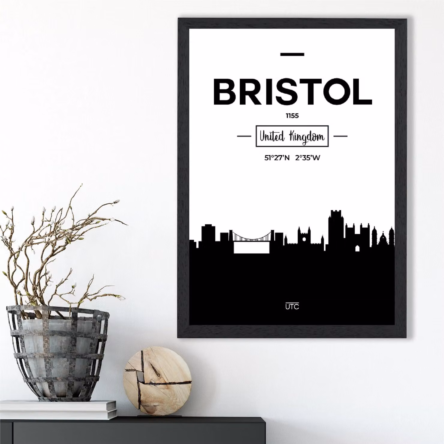 ARTZE Bristol Black and White City Skyline Framed Print in Black – 2