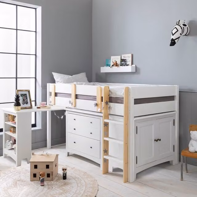 Noa and Nani Una Kids Cabin Bed Sleepstation with Chest of Drawers, Cabinet and Desk in White Pine Wood