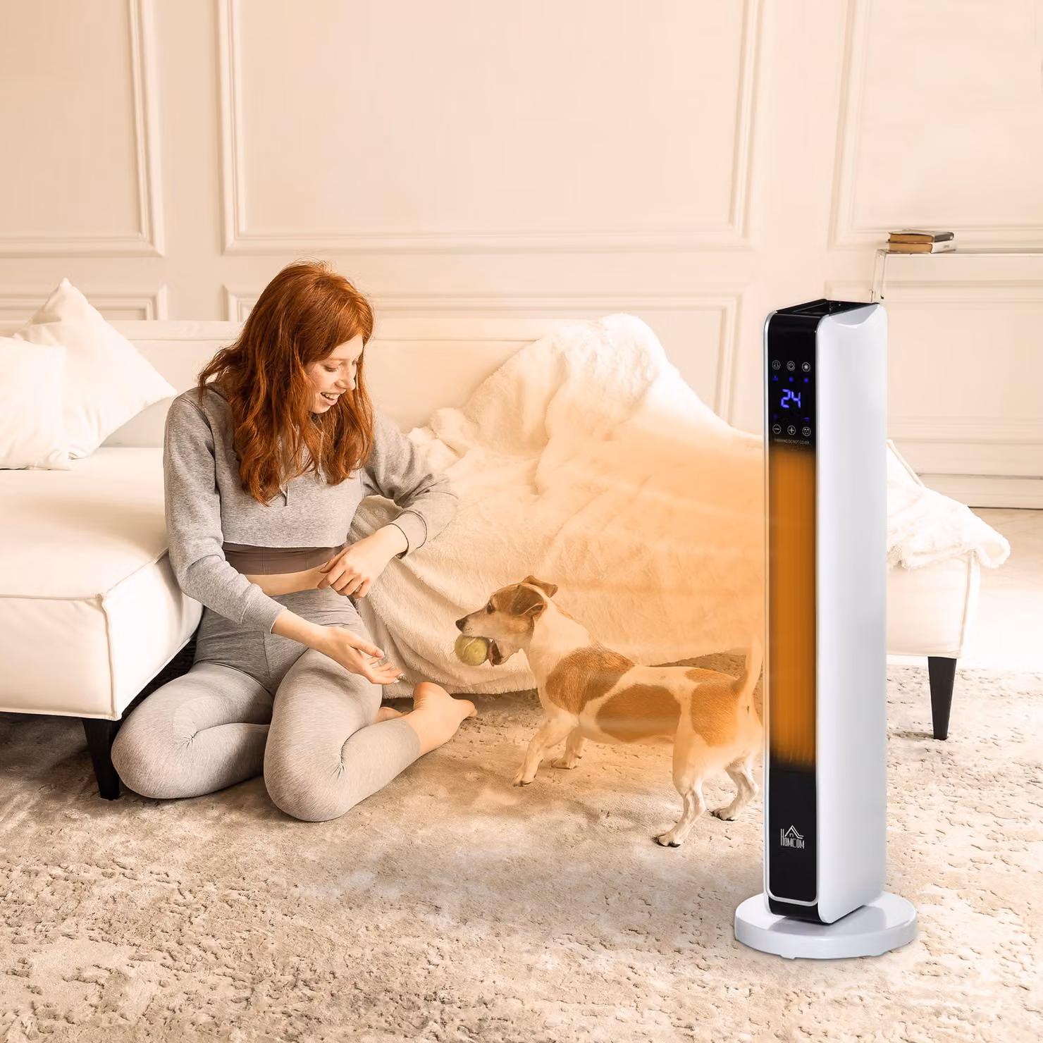 HOMCOM White Ceramic Tower Fan Heater with Remote Control and Timer – 2