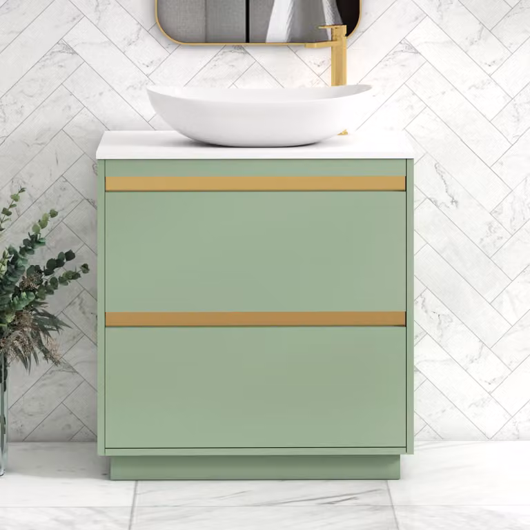 Royal Bathrooms Orion 800mm Mint Sage Floor Standing 2 Drawer Vanity Unit with Cesar Basin and Brushed Brass Accent Trim