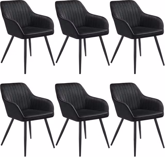 tectake Marilyn Set of 6 Black Velvet Dining Chairs with Armrests