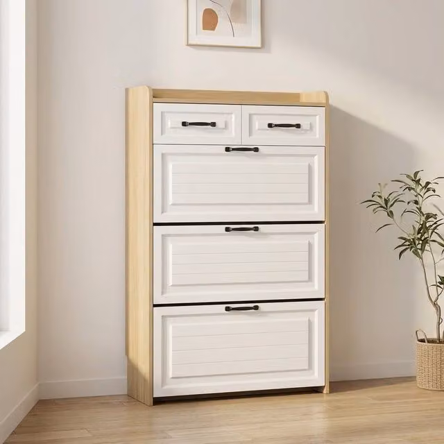 STILVORA Modern Shoe Cabinet in Natural and White with 3 Tilting Compartments and 2 Drawers, W/D/H: 80.0 x 23.5 x 131.0 cm – 1