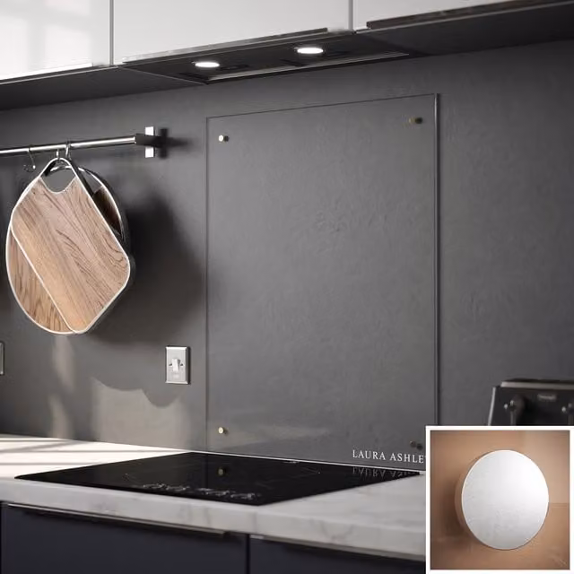 Laura Ashley Clear Glass Kitchen Splashback with Satin Chrome Caps - Clear and Grey
