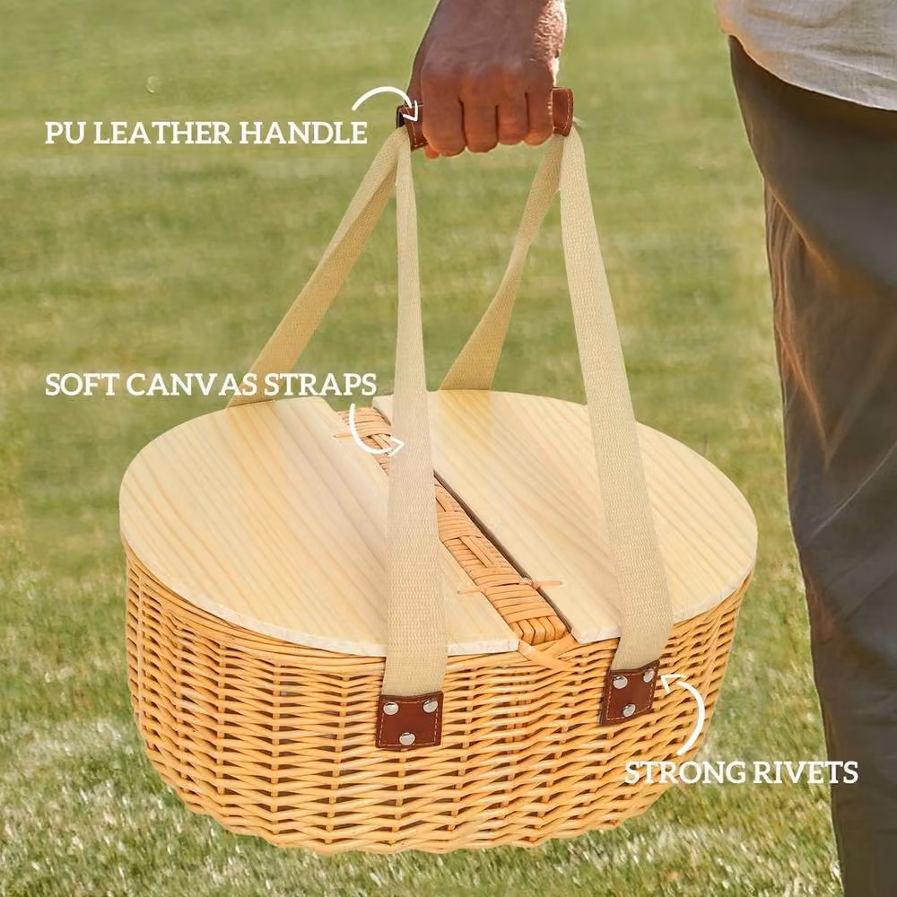 EONLION Brown Pine Wood Picnic Basket for 2 – 2