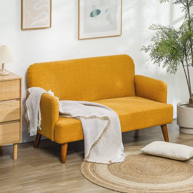 HOMCOM Mid-Century 2 Seater Velvet Upholstered Sofa in Yellow with Rubberwood Legs