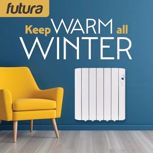 Futura 900W White Wall Mounted Oil Filled Radiator with 24/7 Timer, Thermostat, Frost Protection, Open Window Detection and Overheat Protection – 9
