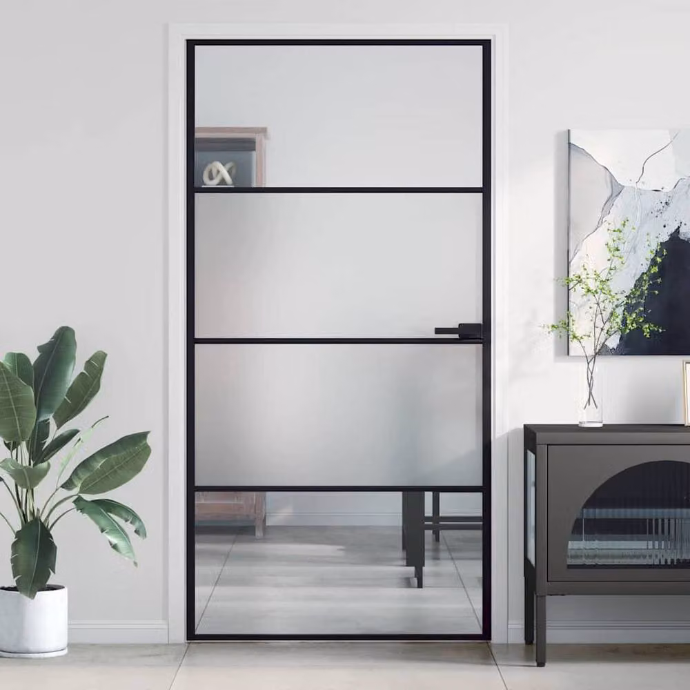 Berkfield Home Modern Slim Interior Door in Black with Transparent Tempered Glass and Aluminium, W: 102.5 cm, H: 201.5 cm – 2