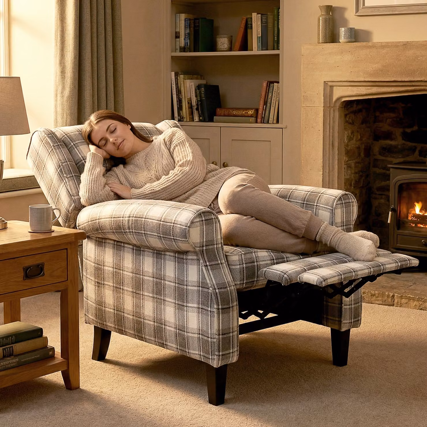 HOMCOM 160 Degree Reclining Armchair with Integrated Footrest in Grey and White Checked Fabric – 8
