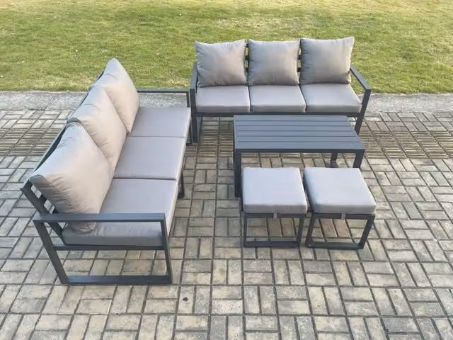 Fimous Modern Aluminium Garden Lounge Sofa Set in Dark Grey with Coffee Table and Two Ottomans