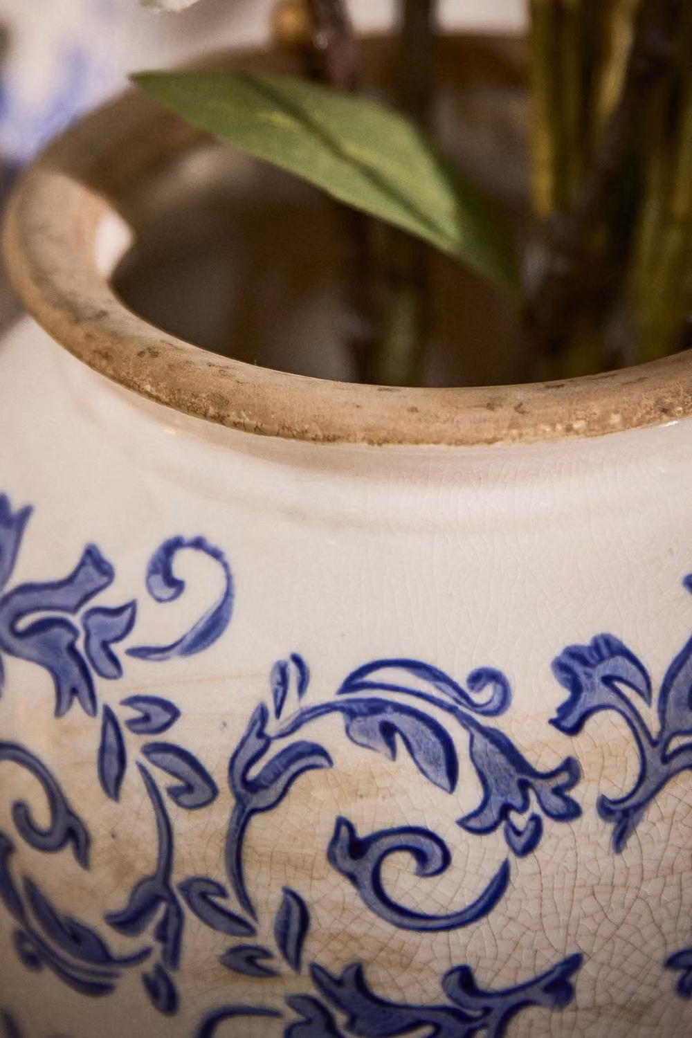 Dibor Vintage Solene Blue Small Botanical Flower Urn Vase in Beige and Blue Ceramic, H: 29.5 cm, Dia: 16.5 cm – 4